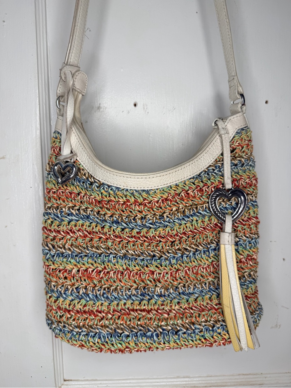 Brighton Multi Color Woven Straw Handbag w White Leather Trim